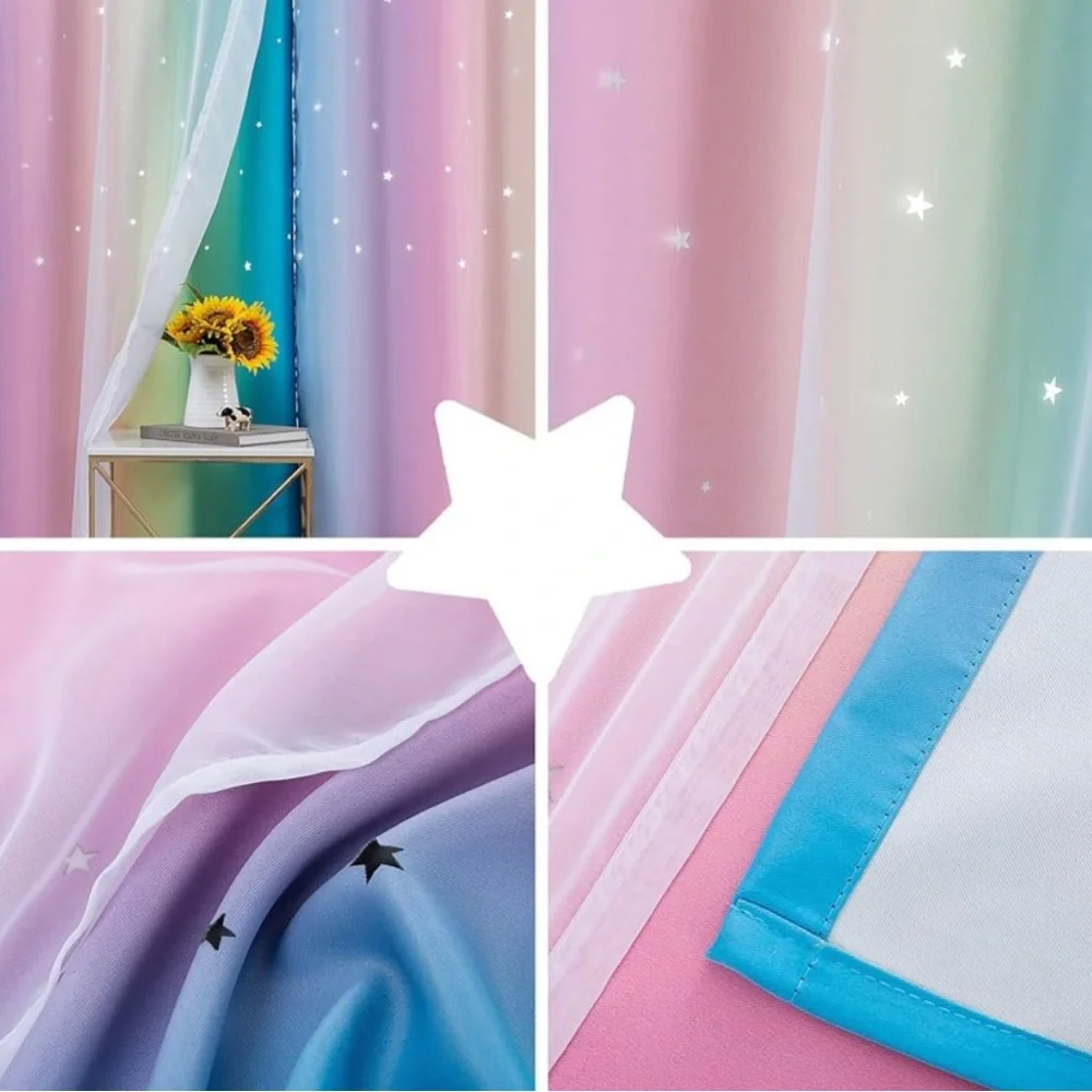 Rainbow Curtains With Colorful Star Cut-Out And Room Darkening
